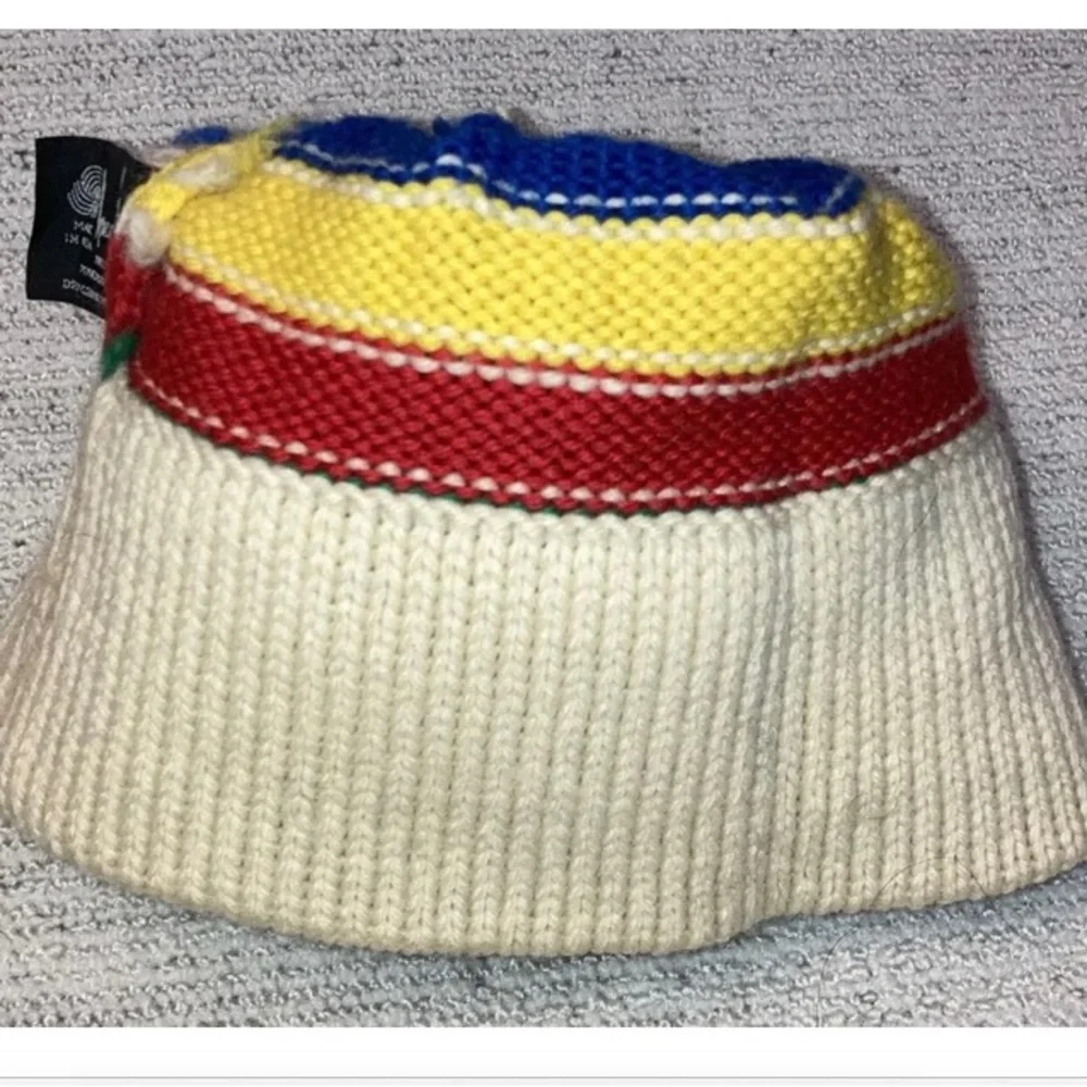 Vintage 70s Boy Rainbow Personalized David Wool Hat Primary Colors Ski Pom Pom